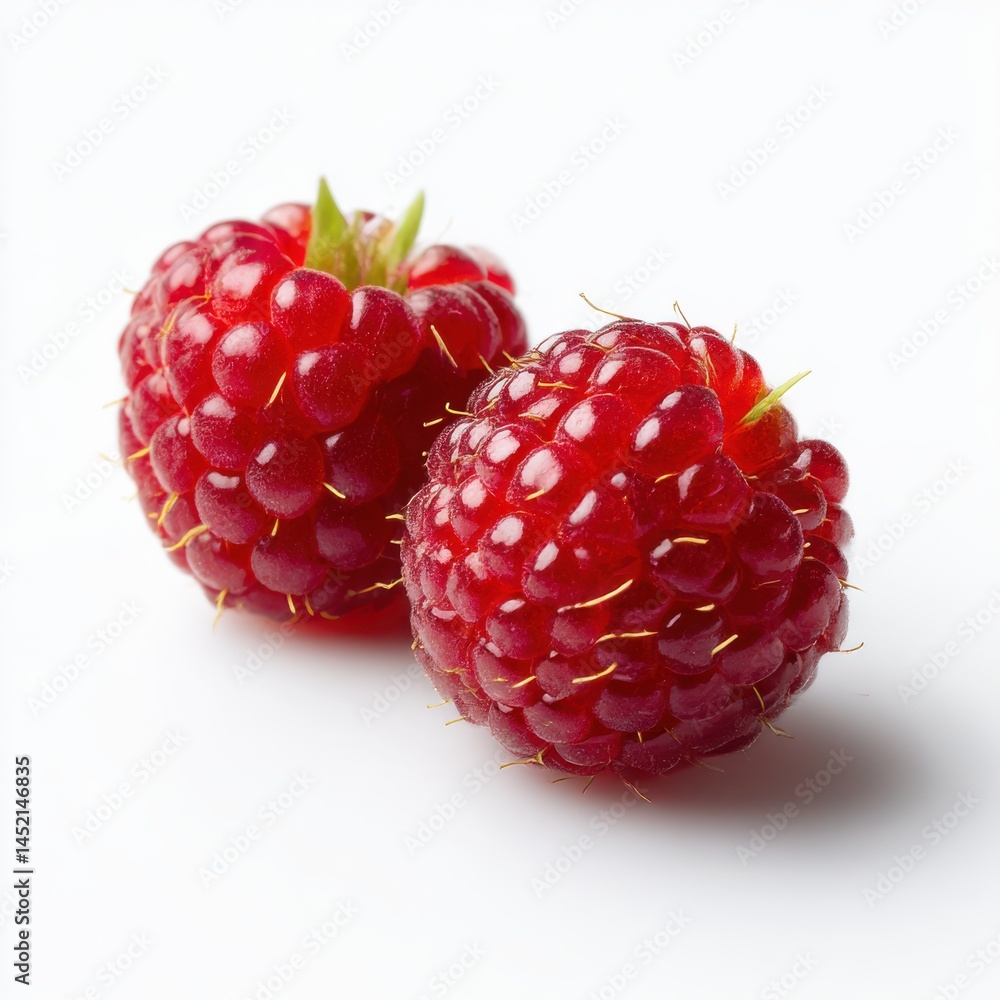 Two ripe raspberries isolated on white background, macro shot Two ripe raspberries isolated on white background, macro shot