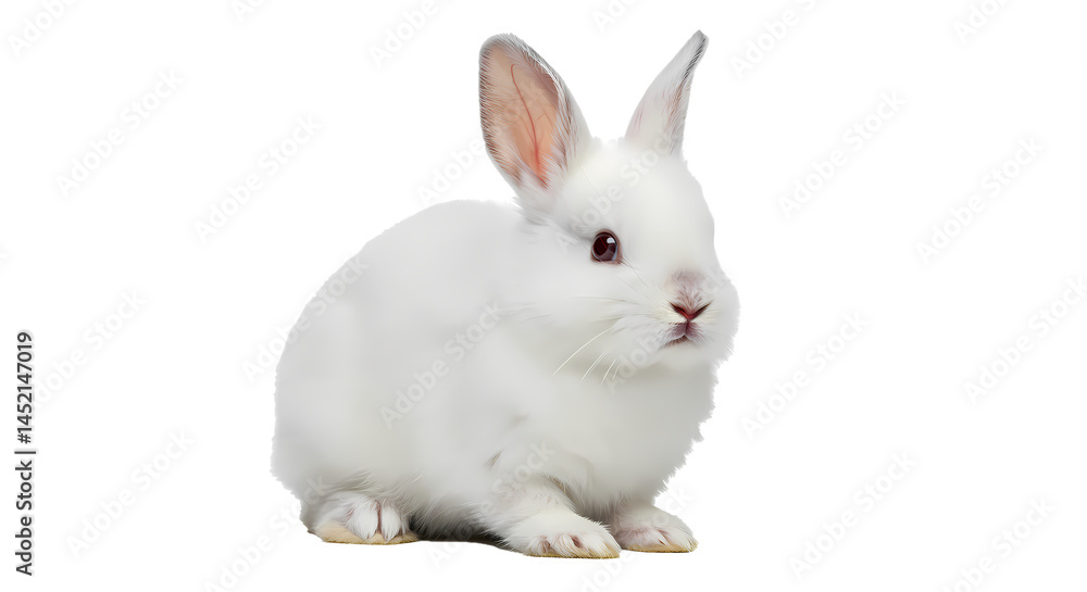Obraz premium A serene portrait of a fluffy white rabbit with perked ears, set against a clean black backdrop, highlighting its delicate features.
