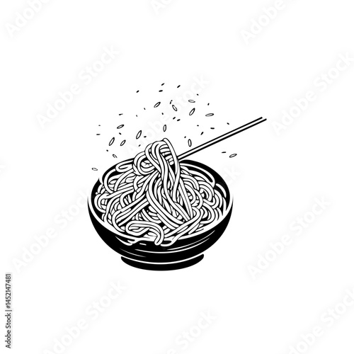 Minimalist noodle illustration in a bowl with chopsticks on a white background
