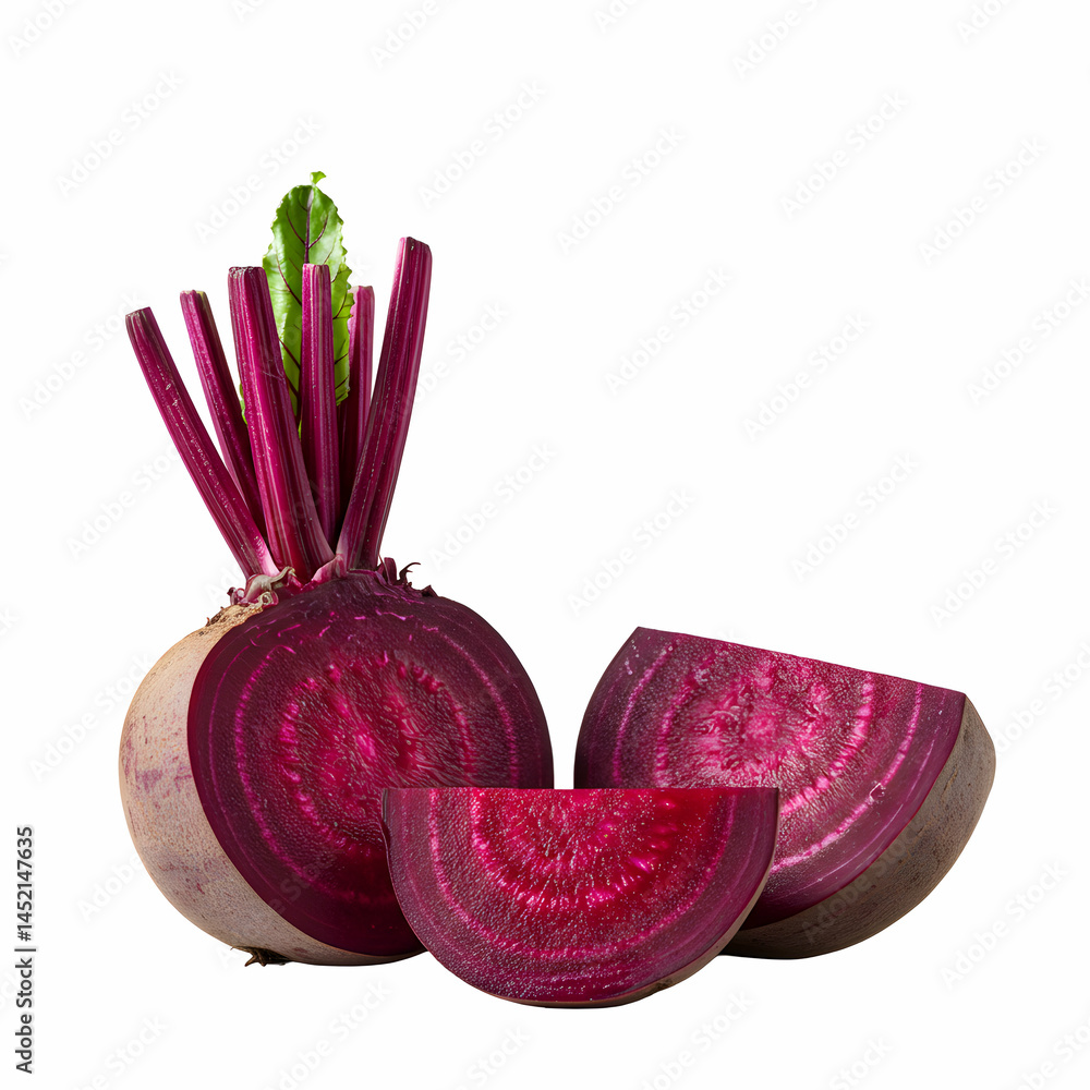 A vibrant beetroot composition featuring a halved beet and two slices against a white background space A vibrant beetroot composition featuring a halved beet and two slices against a white background space