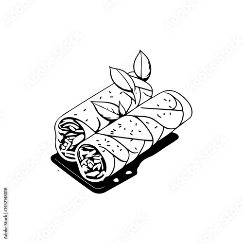 Stylized black and white food drawing of stacked spring rolls with basil garnish