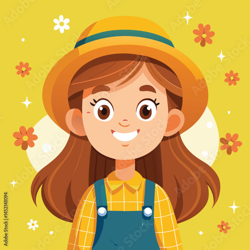 Cute girl sunflower cartoon sticker collection kawaii character: flower Summer and spring season picnic vector (Girly doodles).