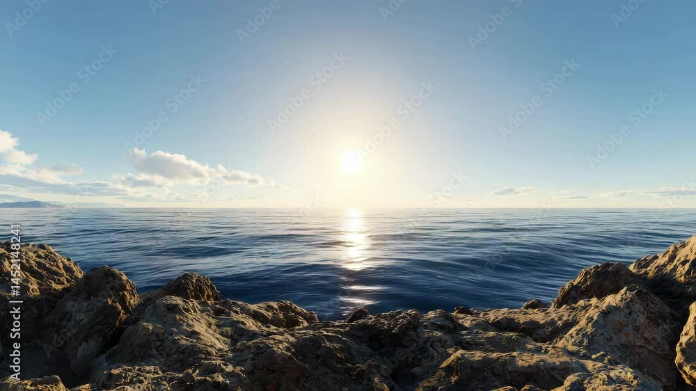 Serene Sunset Over Calm Ocean Waters Rocky Coastline View Serene Sunset Over Calm Ocean Waters Rocky Coastline View