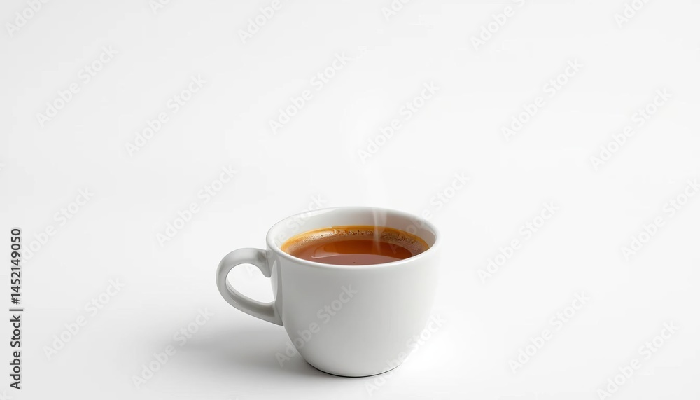 Steaming espresso in a small white cup against a clean white background, espresso, invigorating Steaming espresso in a small white cup against a clean white background, espresso, invigorating