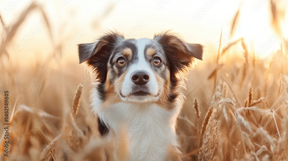 A contemplative dog sitting amidst golden wheat fields, capturing the essence of serenity and connection with nature, ideal for themes of reflection and tranquility.