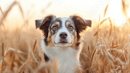 Obraz na płótnie A contemplative dog sitting amidst golden wheat fields, capturing the essence of serenity and connection with nature, ideal for themes of reflection and tranquility. w salonie
