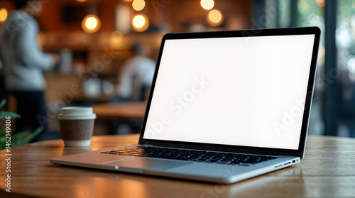 Blank screen laptop computer on wood table top with blur cafe restaurant with abstract bokeh light defocused background