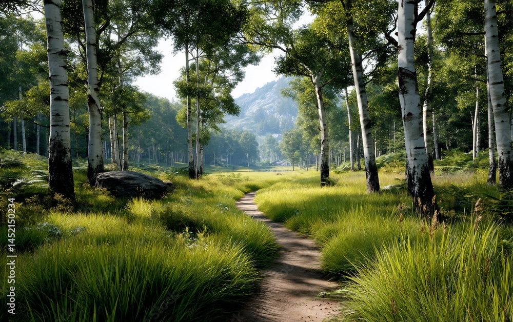 Obraz premium Verdant birch path to distant mountains