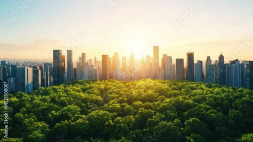 Lush Green City Park Skyline Sunrise Urban Landscape with Trees and Buildings