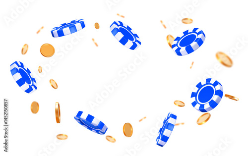 3d flying blue casino poker chips and coins with different angles. Blue and white chips for betting and gambling games. Stock vector illustration on isolated background.