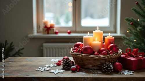 Wallpaper Mural A Festive Arrangement of Burning Candles and Red Ornaments in a Rustic Basket on a Wooden Table Torontodigital.ca