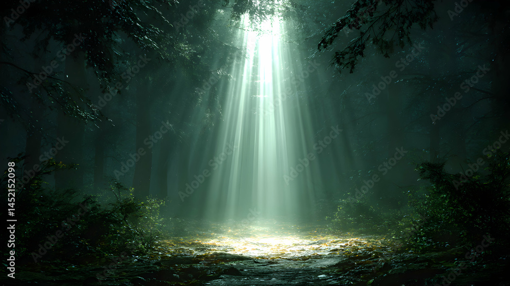 Ethereal luminescence illuminates a misty forested glade where light beams dance amidst shadowed trees Ethereal luminescence illuminates a misty forested glade where light beams dance amidst shadowed trees