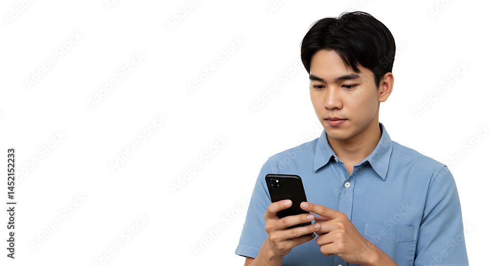 subject on the right looking at a smartphone screen, with a neutral expression, copy space on the left for text, crystal clear style. ,isolated on bright background, no text, ultra sharp detailed subject on the right looking at a smartphone screen, with a neutral expression, copy space on the left for text, crystal clear style. ,isolated on bright background, no text, ultra sharp detailed