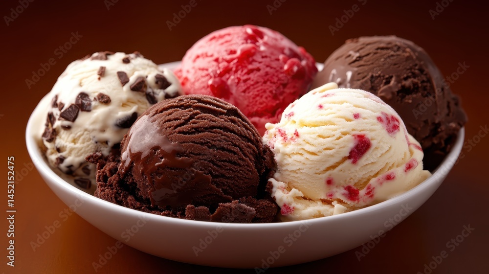 A vibrant bowl filled with assorted flavors of ice cream, showcasing a delightful mix of chocolate, strawberry, and vibrant swirls for perfect summer enjoyment. A vibrant bowl filled with assorted flavors of ice cream, showcasing a delightful mix of chocolate, strawberry, and vibrant swirls for perfect summer enjoyment.