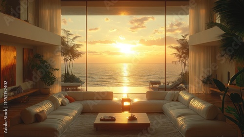 Luxurious beachfront living room with sunset view.
