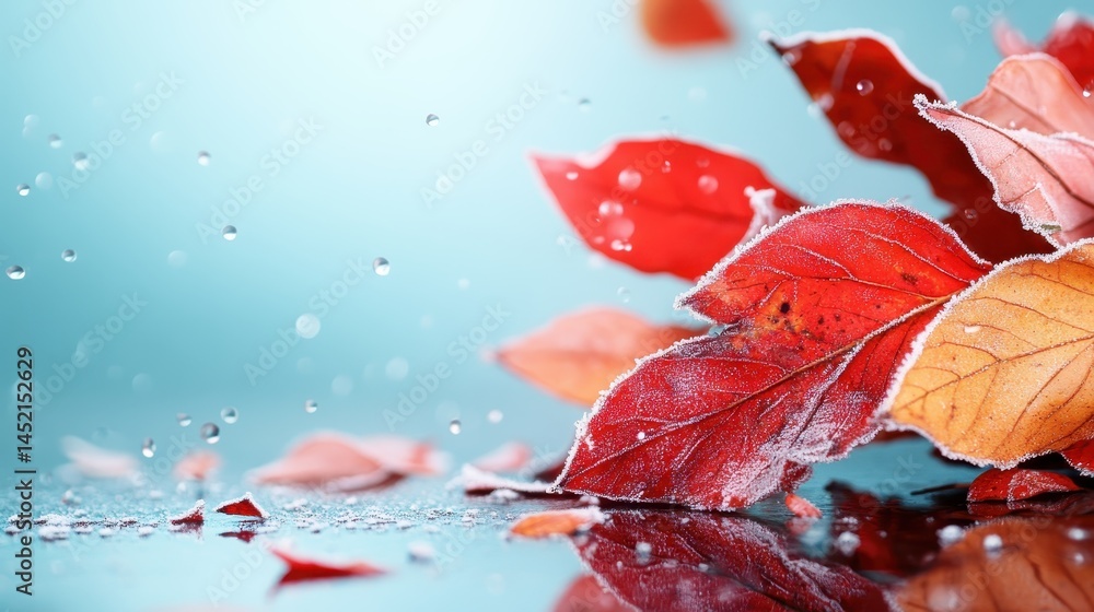 This artistic portrayal of vibrant autumn leaves, adorned with raindrops and reflective surfaces, highlights the delicate beauty and intricate details of nature during the fall season. This artistic portrayal of vibrant autumn leaves, adorned with raindrops and reflective surfaces, highlights the delicate beauty and intricate details of nature during the fall season.