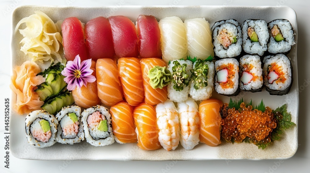 Colorful sushi platter with nigiri and maki on white surface Colorful sushi platter with nigiri and maki on white surface