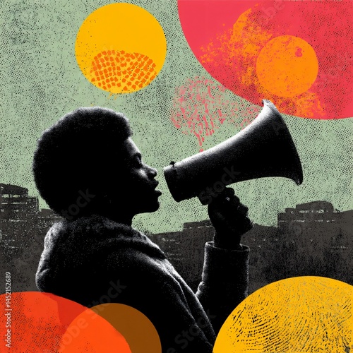 International youth day celebration urban park illustrated protest style image vibrant environment close-up viewpoint empowerment theme