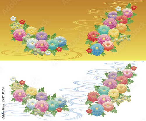 日本風の菊、梅の花と流水紋の背景素材.