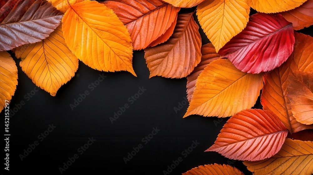 Elegantly arranged golden and red autumn leaves form a stunning border that celebrates the rich beauty of autumn against a dark background, evoking warmth and nostalgia. Elegantly arranged golden and red autumn leaves form a stunning border that celebrates the rich beauty of autumn against a dark background, evoking warmth and nostalgia.