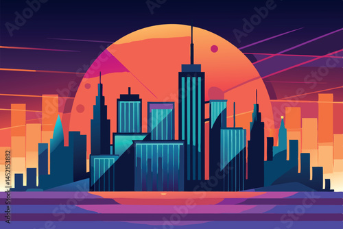 Dramatic sunset view over a futuristic city with glowing skyscrapers and vibrant orange and purple hues, showcasing a modern cityscape