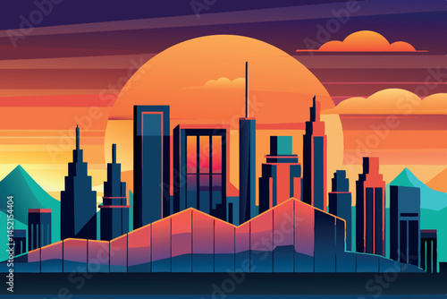 Futuristic cityscape at sunset with silhouette skyscrapers and glowing lights, abstract design, and bold colors reflecting off the ocean