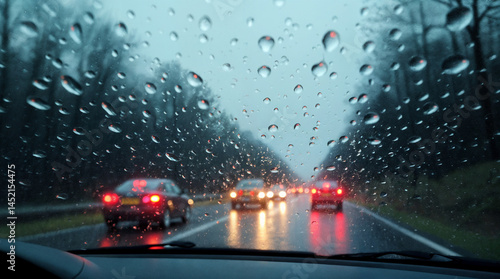 Traffic in rainy day with road view through car window with rain drops