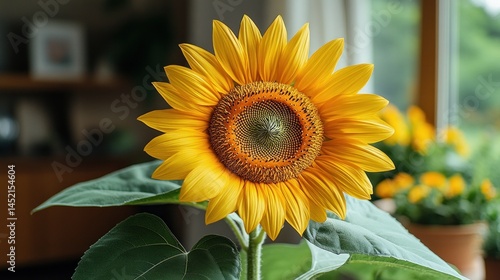 Vibrant Sunflower in Home Setting: A Close-Up of a Sunny Yellow Flower