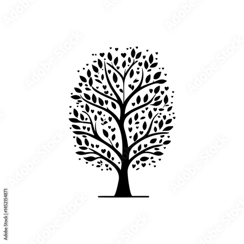Stylized arboreal figure rendered in monochrome silhouette with heart shaped leaves