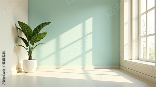 Serene Minimalist Room Corner with Potted Plant and Sunlight Streaming Through Window