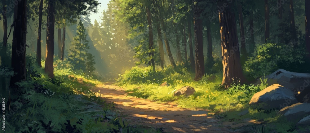 A forest path with trees and a rock
