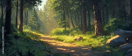 Obraz na płótnie A forest path with trees and a rock w salonie
