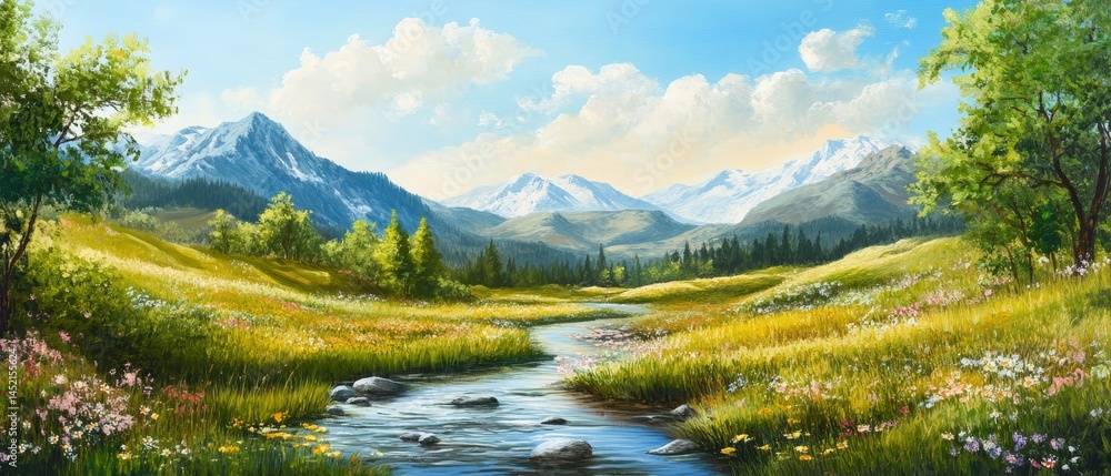 A painting of a mountain valley with a river running through it