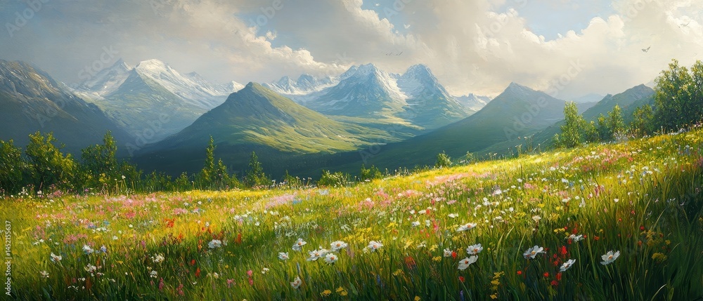 A beautiful landscape with mountains in the background and a field of flowers