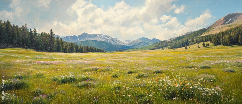 A painting of a field with mountains in the background