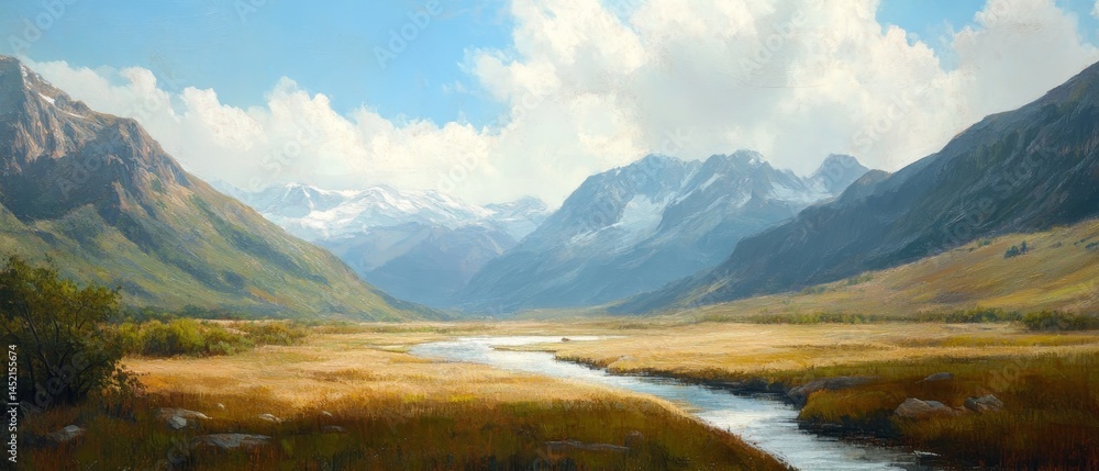 A painting of a mountain range with a river running through it