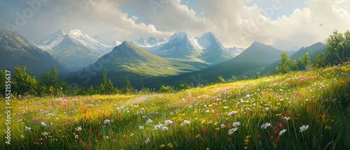 Obraz na płótnie A beautiful landscape with mountains in the background and a field of flowers w salonie