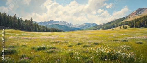 Obraz na płótnie A painting of a field with mountains in the background w salonie