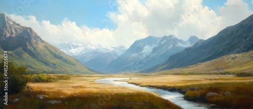 Obraz na płótnie A painting of a mountain range with a river running through it w salonie