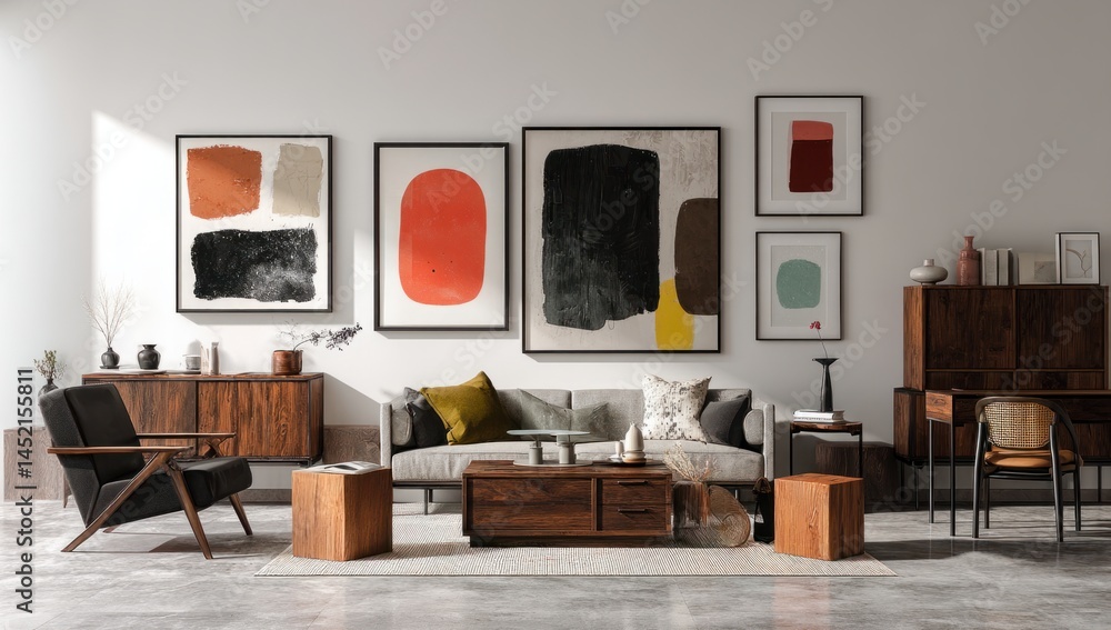 Fototapeta premium Decorate Room with Modern Art, Stylish Cushions, Elegant Vase, Wooden Furniture & Minimalist Design