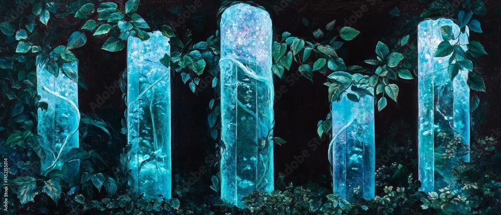 A painting of five blue pillars with green leaves