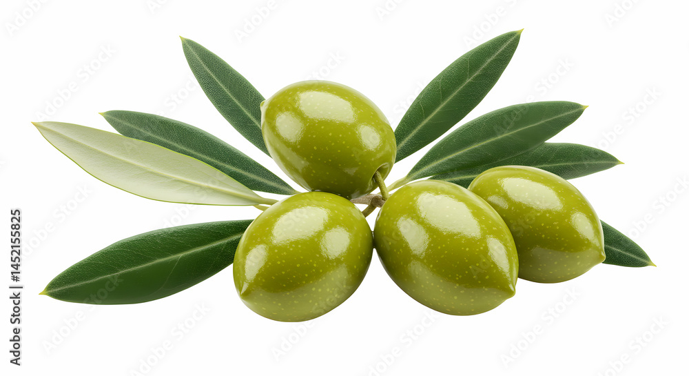 A close up shot of four green olives with leaves on a white background in a studio environment A close up shot of four green olives with leaves on a white background in a studio environment