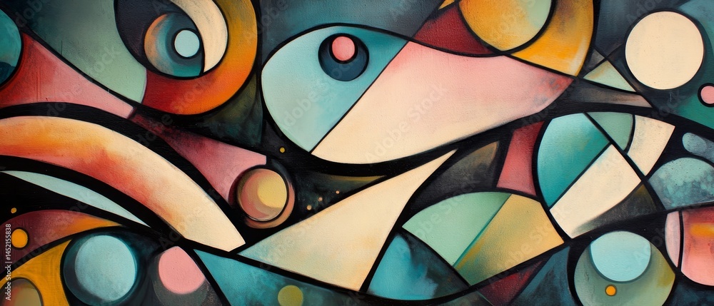 A colorful abstract painting with a blue and white background