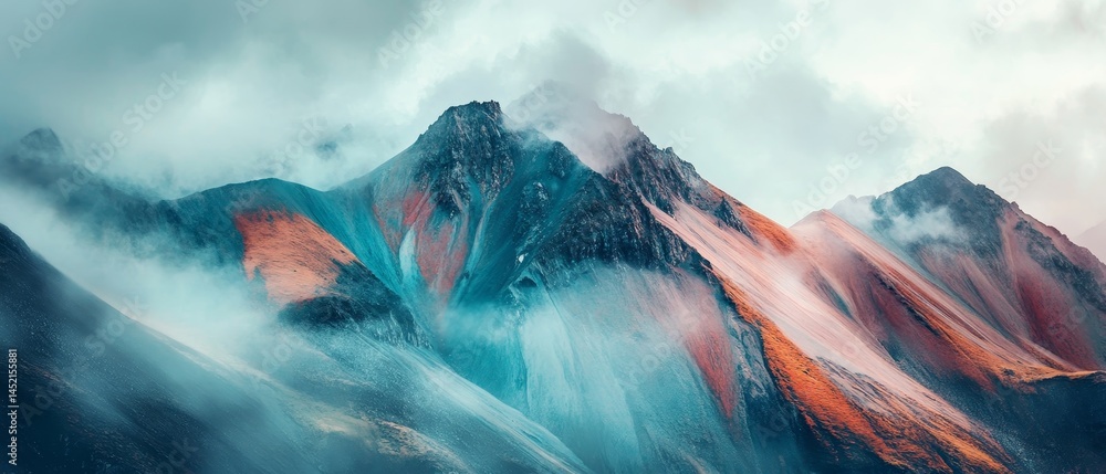 The mountains are covered in a beautiful blue and pink mist