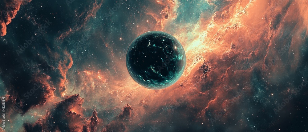 A large black hole is surrounded by a bright orange and blue sky