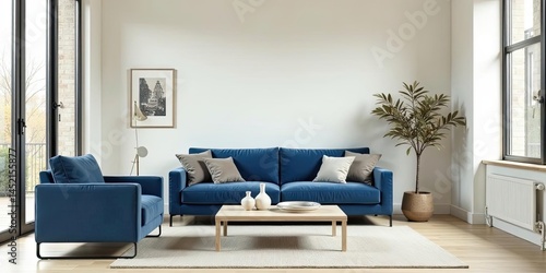 Wallpaper Mural Modern Living Room Interior Design Featuring a Plush Blue Sofa and Complementary Armchair Torontodigital.ca