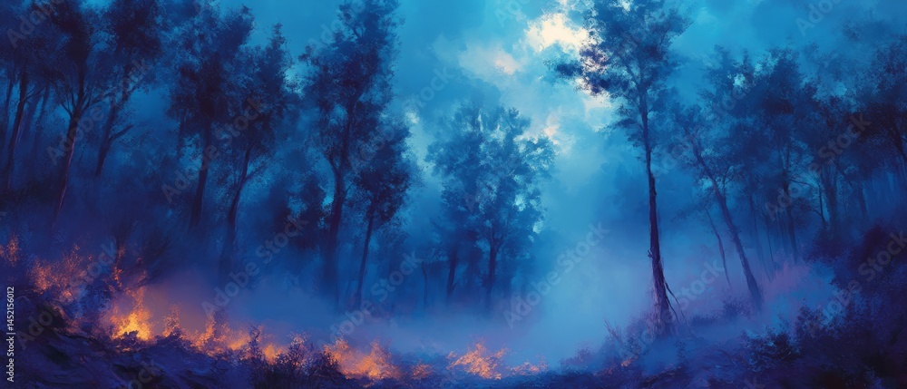 A forest with trees on fire and smoke in the air