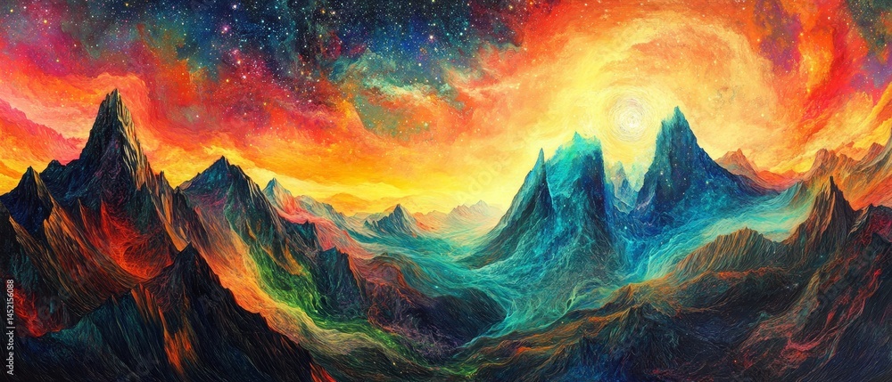 A painting of a mountain range with a bright orange sun in the sky