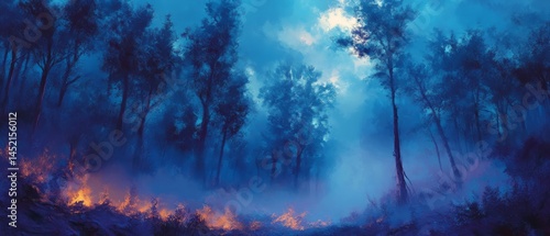 Obraz na płótnie A forest with trees on fire and smoke in the air w salonie