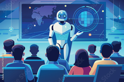 Modern humanoid robot presenting to an audience in a futuristic conference room with data and analytics on a digital screen